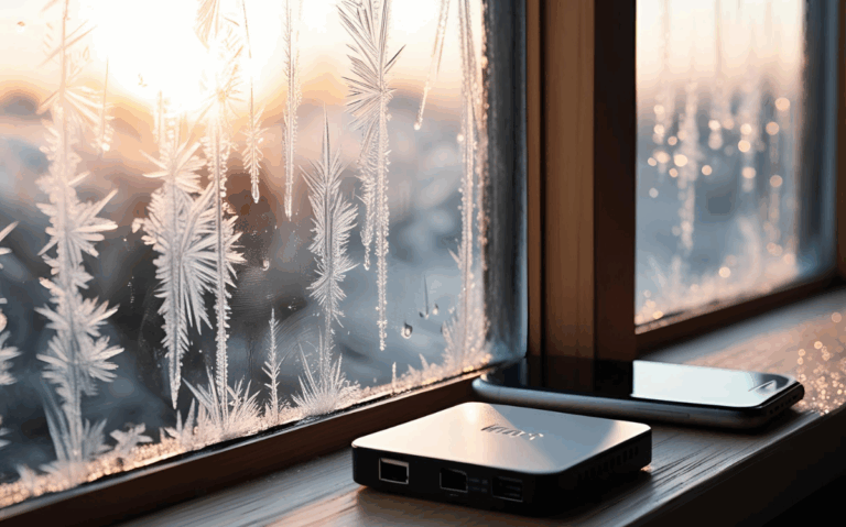 Intricate ice crystal patterns on a window frame, contrasting with the modern technological devices placed nearby.