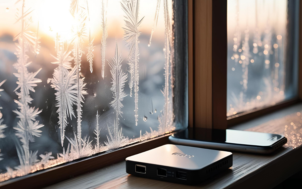 Intricate ice crystal patterns on a window frame, contrasting with the modern technological devices placed nearby.