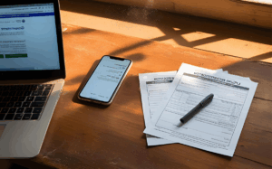 A desk with a laptop, a smartphone, and paperwork depicting an application form and pen, suggesting the process of completing important documents digitally and physically.