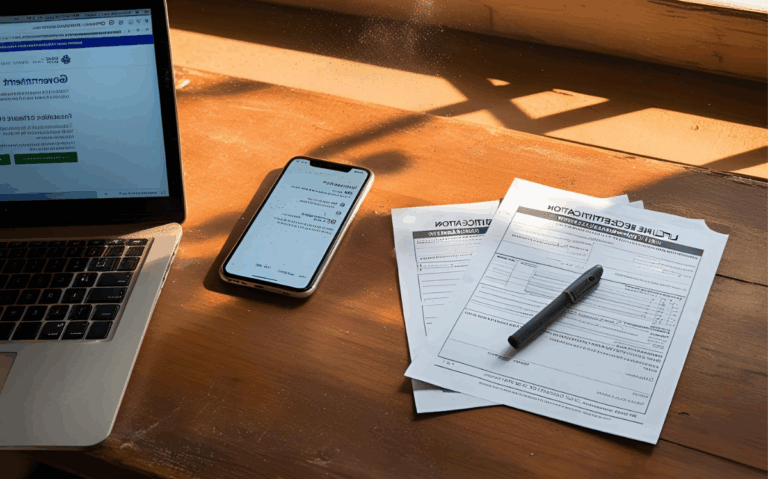 A desk with a laptop, a smartphone, and paperwork depicting an application form and pen, suggesting the process of completing important documents digitally and physically.