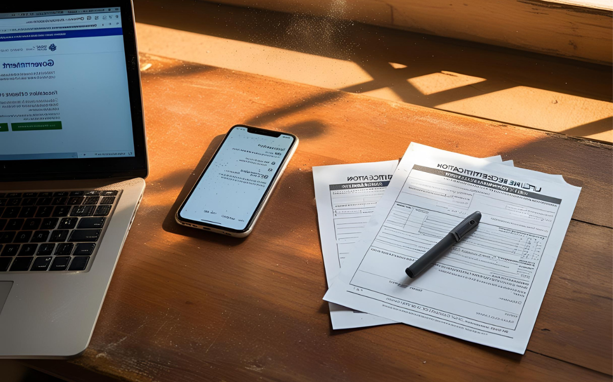 A desk with a laptop, a smartphone, and paperwork depicting an application form and pen, suggesting the process of completing important documents digitally and physically.