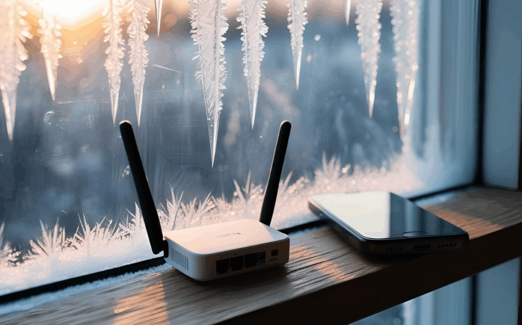 Wireless networking devices resting on a windowsill, with a frosty winter landscape visible through the pane.