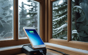 A mobile device charging on a portable power bank, situated in a cozy winter setting with a frosty window frame and evergreen trees visible beyond.