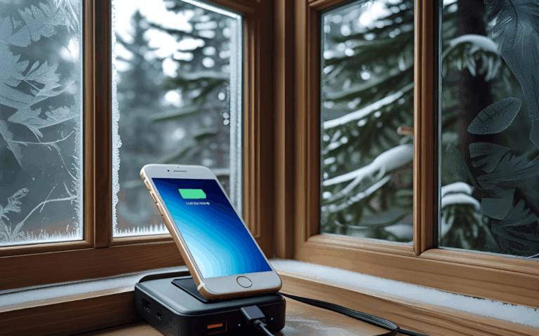 A mobile device charging on a portable power bank, situated in a cozy winter setting with a frosty window frame and evergreen trees visible beyond.