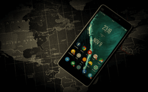 A smartphone displays the current date and time, resting on a dark, detailed map of the world, indicating the use of technology for global connectivity and information access.