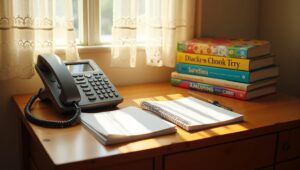 Productive home environment featuring a work desk with a phone, notebook, and a collection of books, suggesting a dedicated workspace for reading, writing, or research.