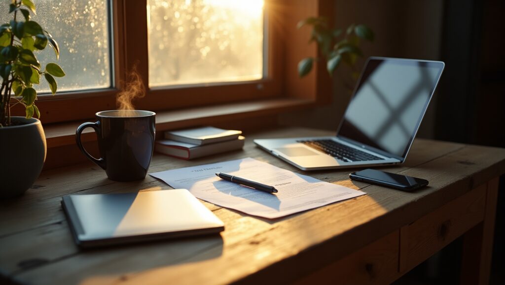 Productive workplace featuring a variety of office supplies and electronics arranged on a rustic wooden table, illuminated by the soft glow of sunlight through a window.