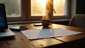 Closeup view of a desk displaying a laptop, smartphone, and documents in front of a window providing a scenic outdoor view and ample natural light.