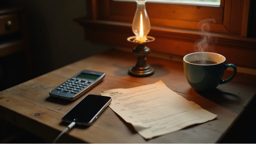 A cozy workspace with a warm lamp, calculator, smartphone, and coffee mug on a wooden table, accompanied by a document.