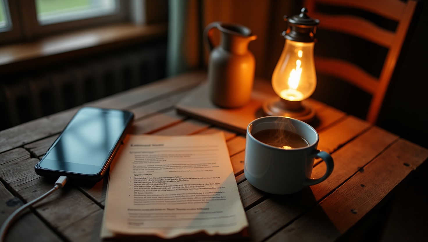 Dimly lit study area featuring a document, writing implements, and a hot drink, suggesting a thoughtful work session.