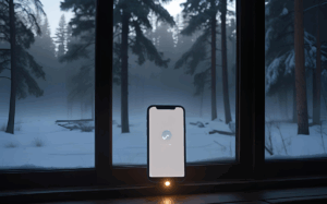 A tranquil winter landscape seen through a cabin window, with a mobile device positioned on the sill, suggesting the potential for connectivity or communication in an otherwise remote, natural setting.