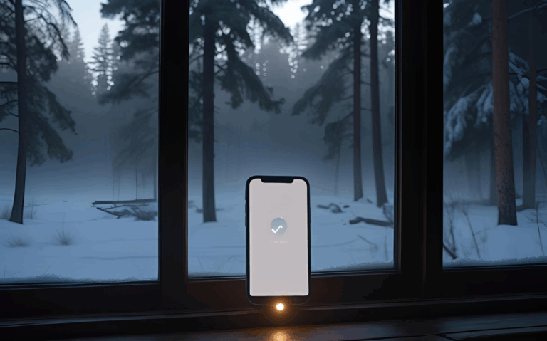 A tranquil winter landscape seen through a cabin window, with a mobile device positioned on the sill, suggesting the potential for connectivity or communication in an otherwise remote, natural setting.
