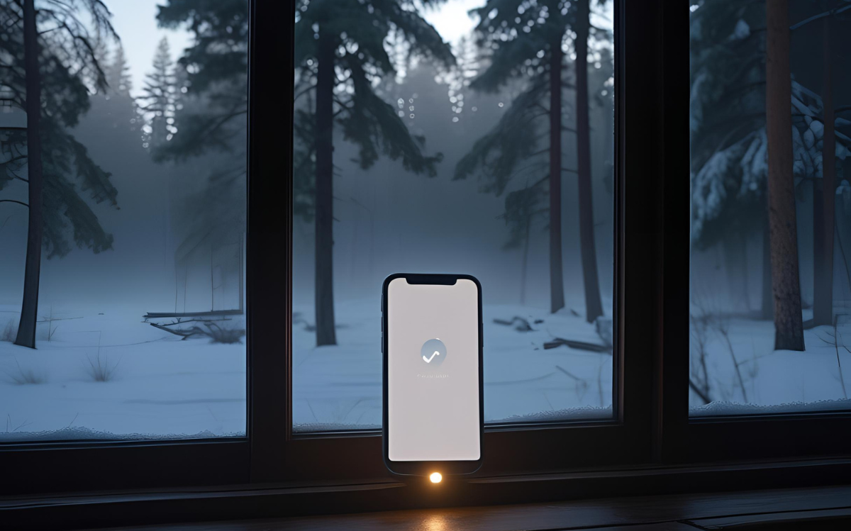 A tranquil winter landscape seen through a cabin window, with a mobile device positioned on the sill, suggesting the potential for connectivity or communication in an otherwise remote, natural setting.