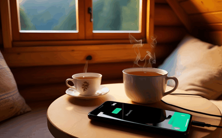 Two steaming hot drinks, likely tea or coffee, sit on a wooden table alongside a smartphone charging on a cord. The scene is framed by a cozy, rustic cabin setting with a forested view visible through the window.