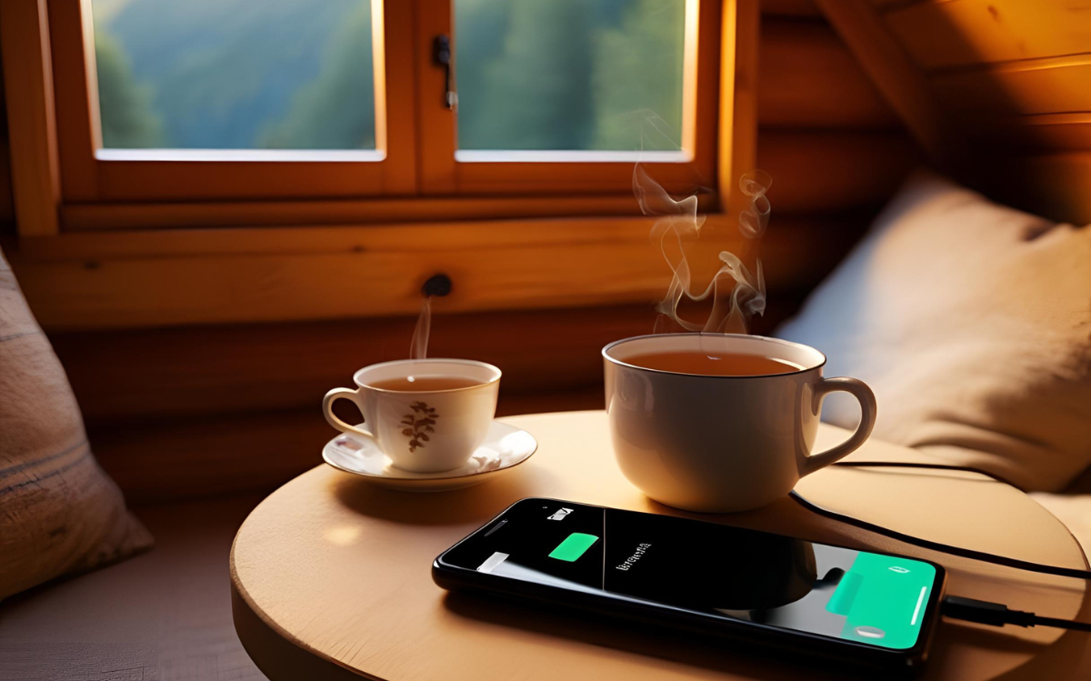 Two steaming hot drinks, likely tea or coffee, sit on a wooden table alongside a smartphone charging on a cord. The scene is framed by a cozy, rustic cabin setting with a forested view visible through the window.