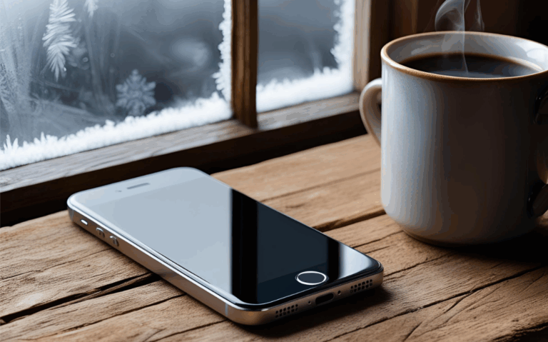 A smartphone resting on a wooden table, with a cup of steaming coffee nearby and a snowy winter landscape visible through the window.