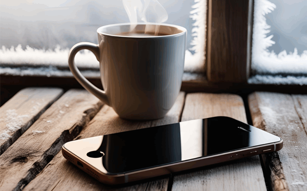 Technology and nature harmoniously combined, showcasing a smartphone alongside the tranquil view of a snowy day through the window.