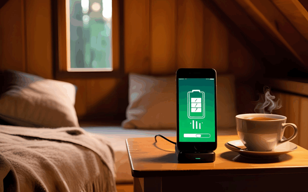 On a wooden table, a smartphone is charging while displaying a battery charging icon, next to a warm mug of what appears to be tea or coffee in a rustic cabin interior.